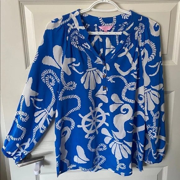 Lilly Pulitzer Elsa Blue and White Nautical Print 100% Silk Long-Sleeve Top - Picture 2 of 7